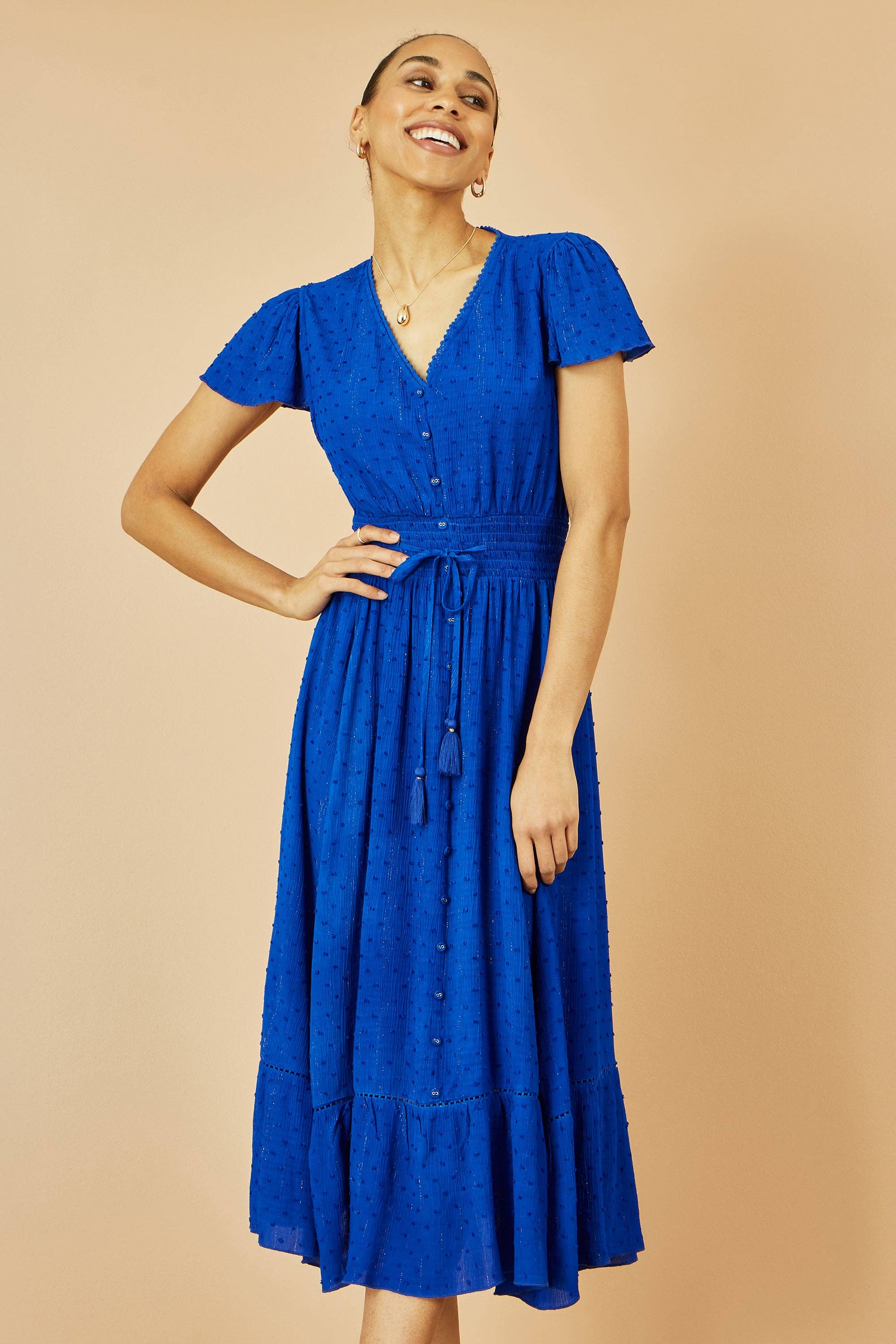 Yumi Blue Button Detail Midi Dress With Ruched Waist And Metallic Thread for wholesale on Faire1