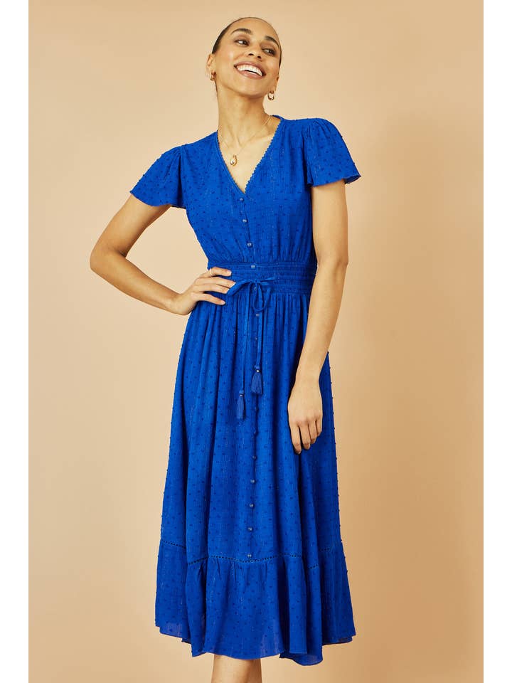 Yumi Blue Button Detail Midi Dress With Ruched Waist And Metallic Thread for wholesale on Faire1