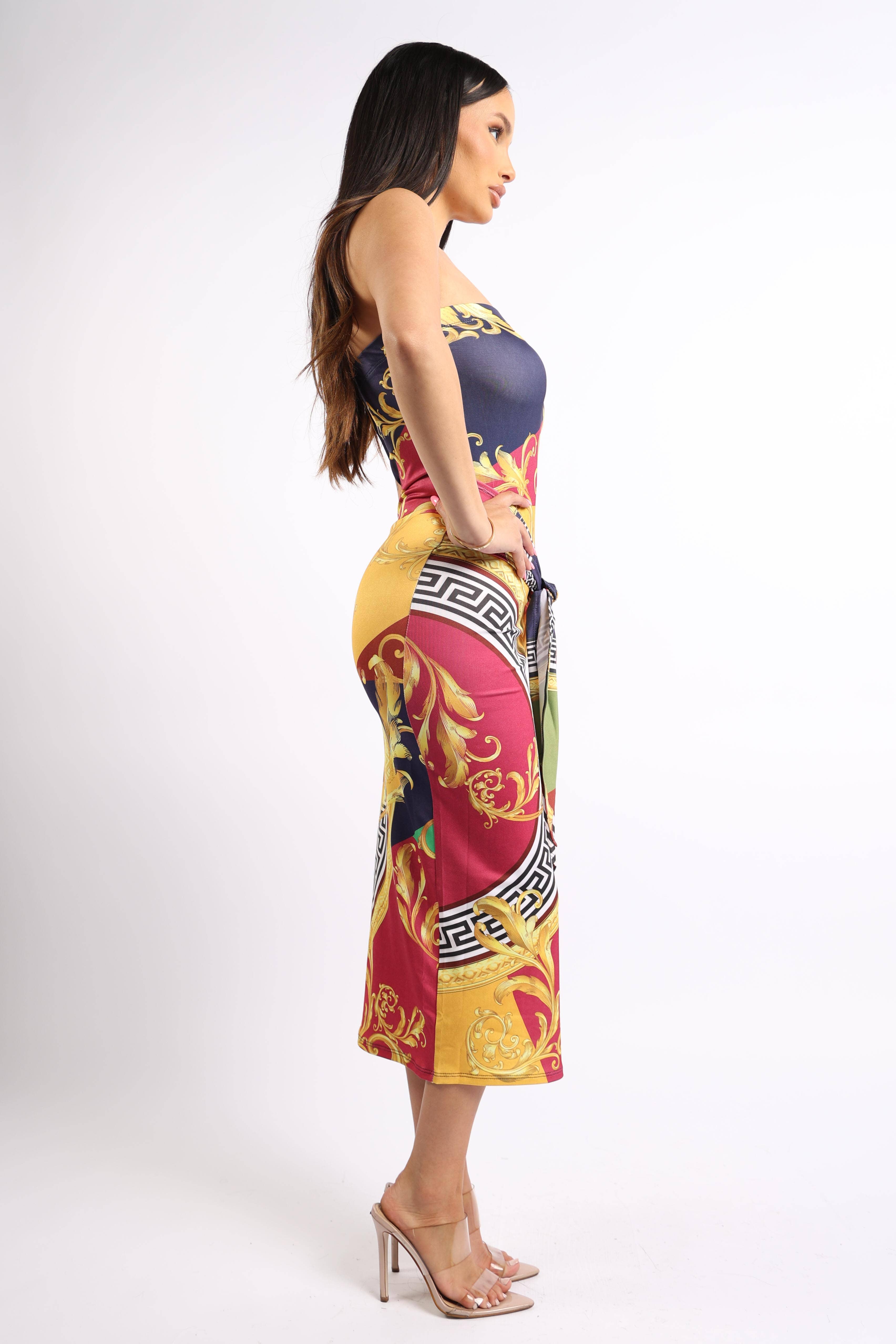 MULTI Abito a tubino stampato con allacciatura frontale e spacco in vendita all'ingrosso su Faire3