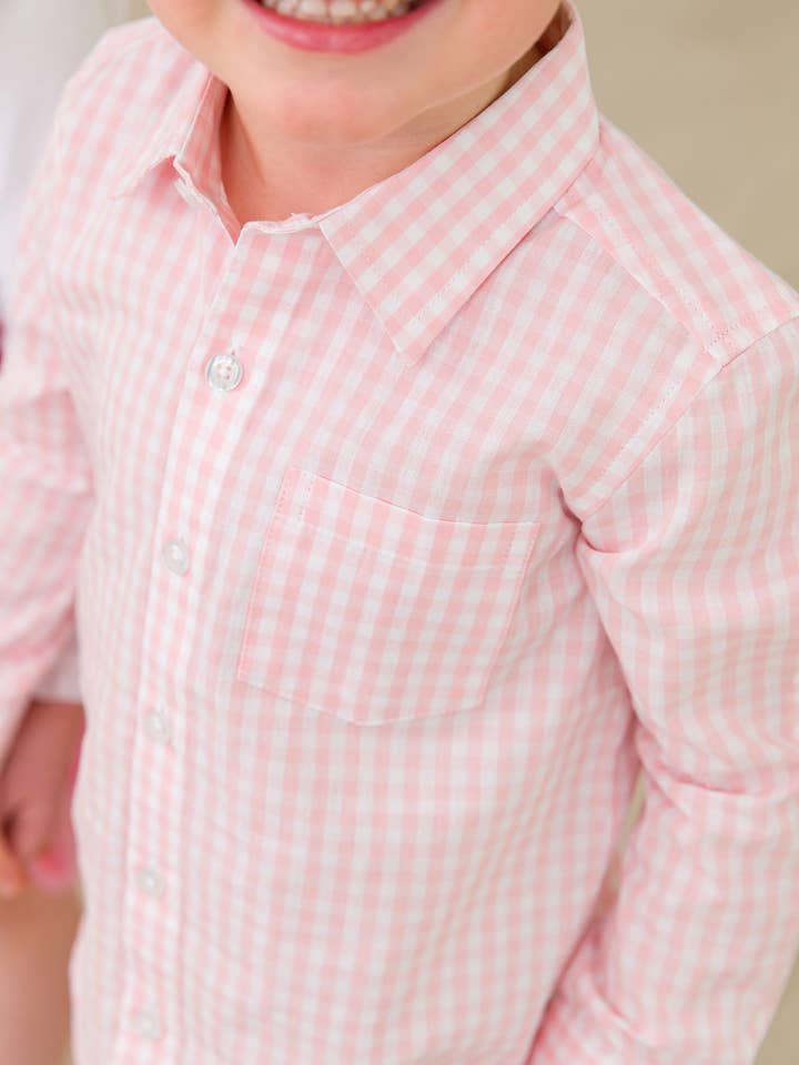 Boys Pink Gingham Check Long Sleeve Button Down Shirt for wholesale on Faire1