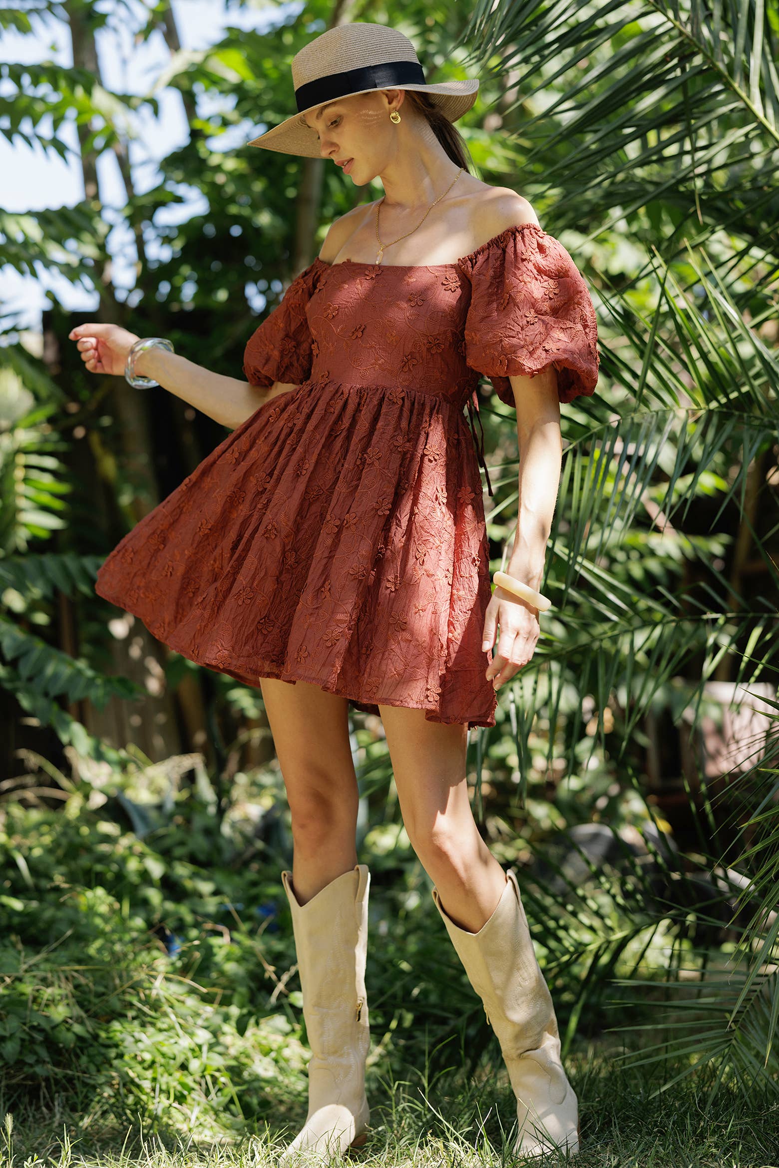 RUST YD5019 Embroidered Puff Sleeve Off-Shoulder Mini Dress for wholesale on Faire