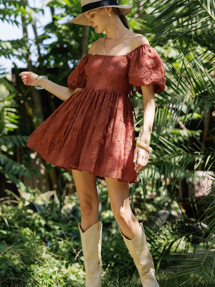 RUST YD5019 Embroidered Puff Sleeve Off-Shoulder Mini Dress for wholesale on Faire0