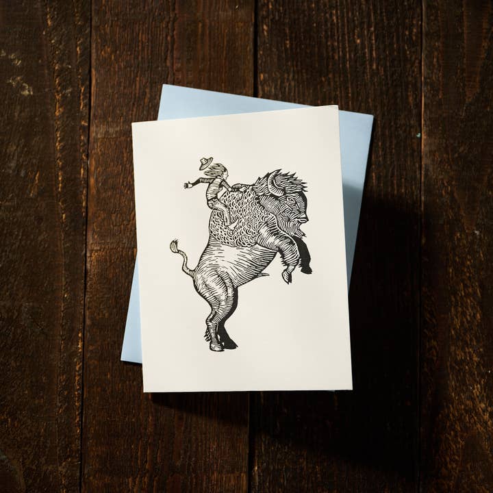 Anomal Press - Wholesale Everyday Greeting Card - Bison Rider linocut relief print card1