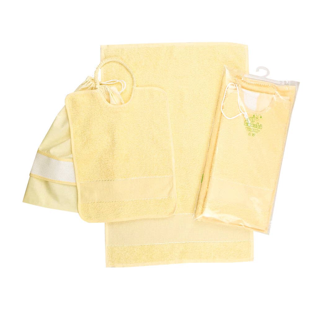 Almatex srl - Vente Ensembles de serviettes - Ensemble 3 pièces RICAMA TU : serviette+bavoir avec bande élastique+sac avec bande brodée3