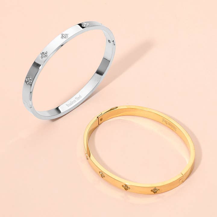 Stainless Steel CZ Stone Accent Hinged Bangle Bracelet for wholesale by Sensibling Corp.