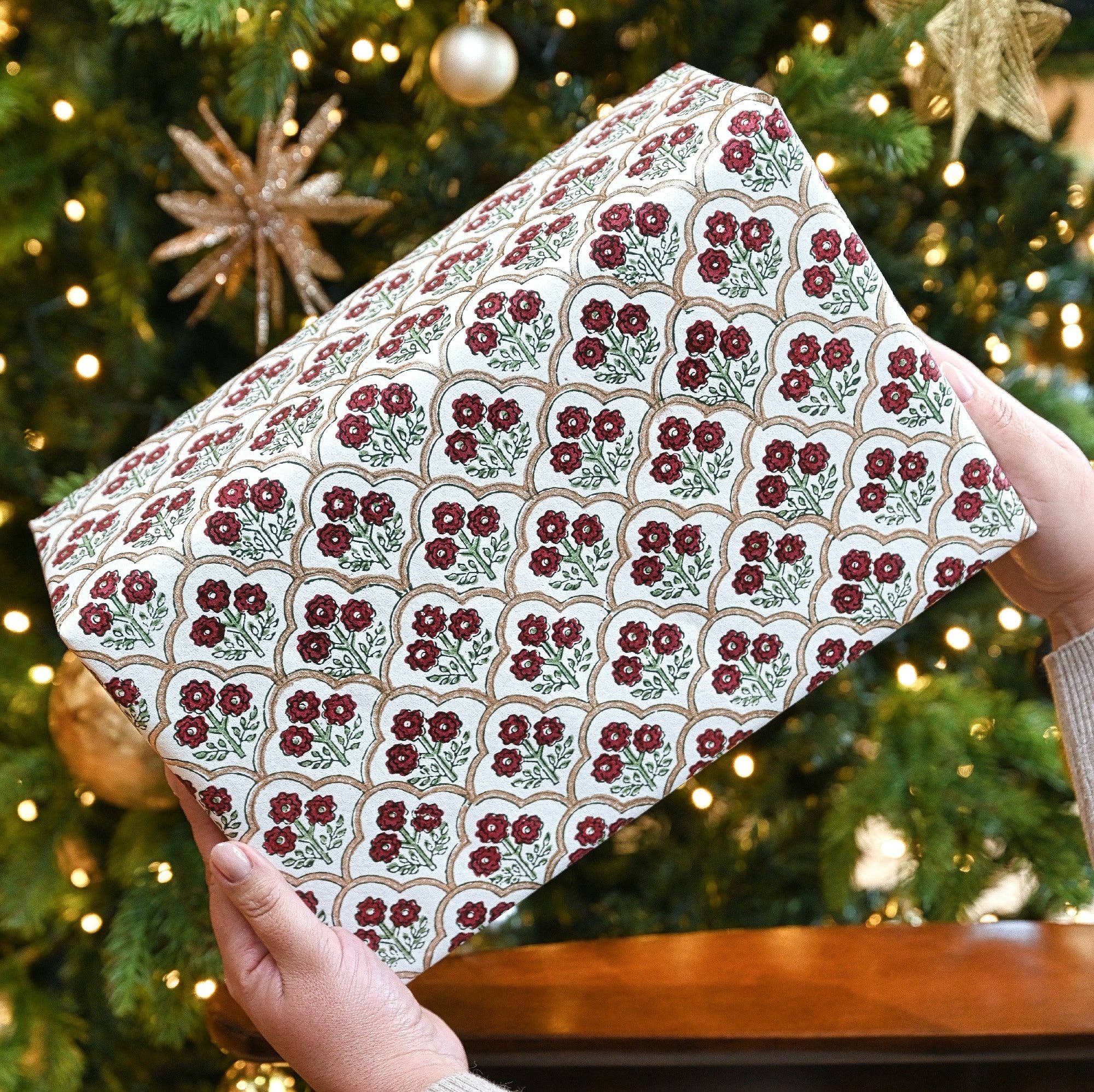 Paper Mirchi - Wholesale Flat Wrap - Block Printed Wrapping Paper Sheets - BP Trellis Cherry3