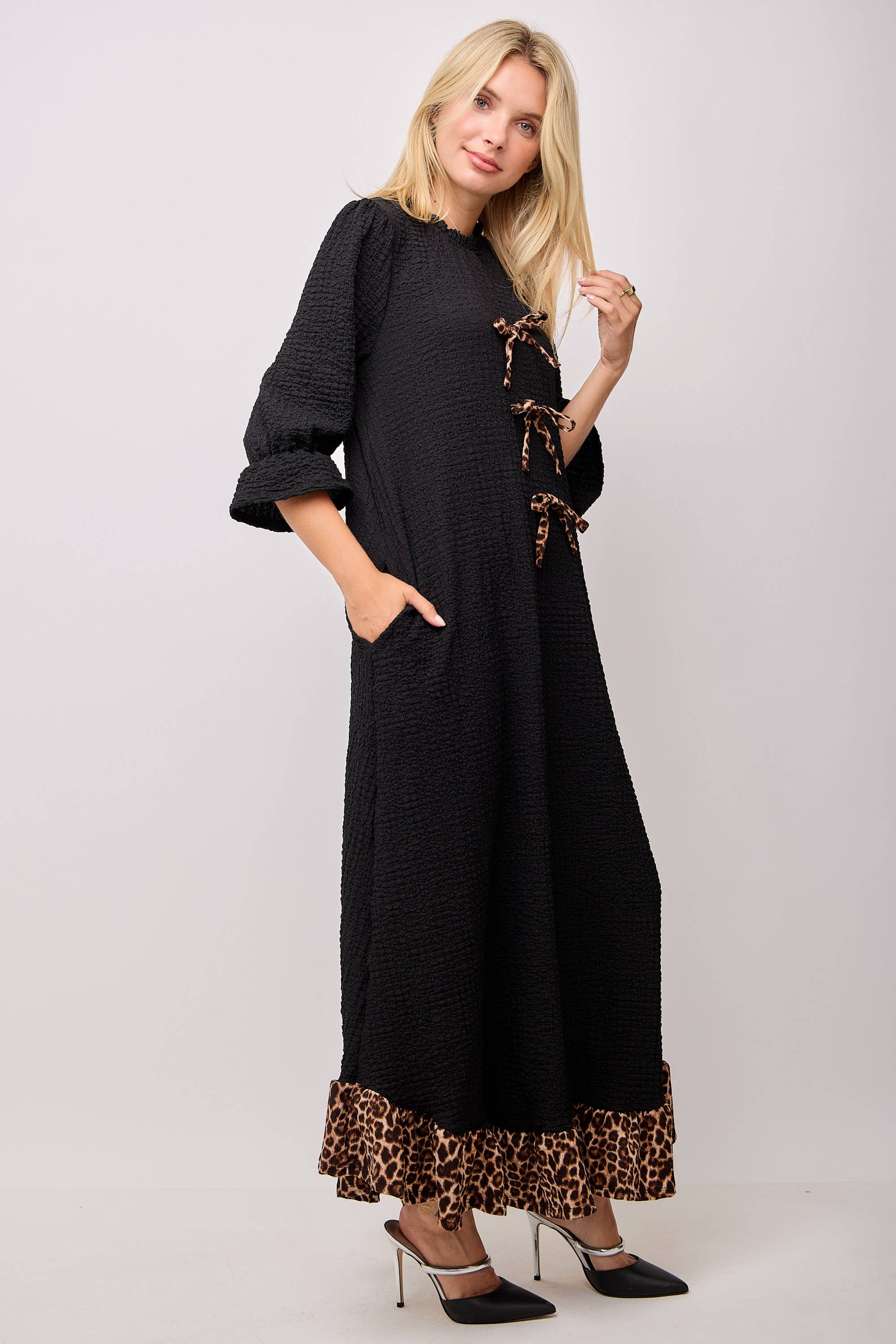 Celeste Clothing - Wholesale Dress - Women's - WOMEN'S PLUS SIZE  MAXI DRESS -LEOPARD CONTRAST AND BOWS 30