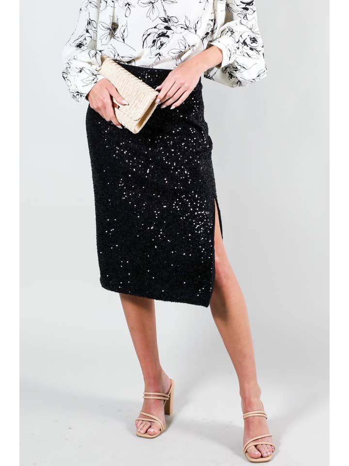 Vine & Love - Wholesale Skirt โ Womenโs - High-Waist Sequin Midi Skirt With Side Slit VS6010213
