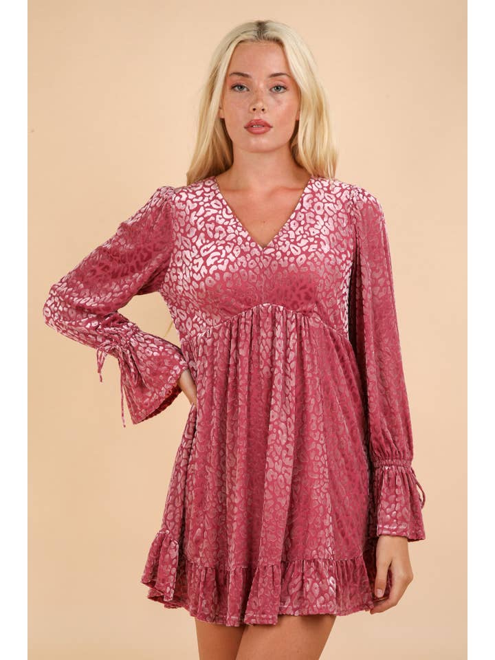 VERY J - Wholesale Dress - Women's - ND31550-Leopard Velvet Ruffled Holiday Mini Dress