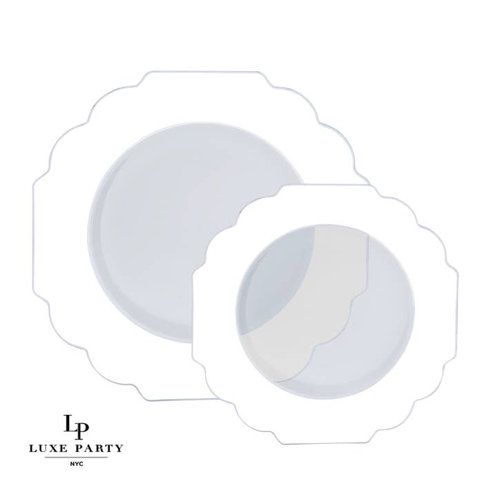 Luxe Party - Wholesale Disposable Plate - Scalloped Clear Base Silver • White Plastic Plates | 10 Pack