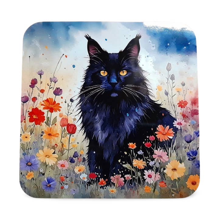 Black Maine Coon Cat Drink Coaster, Water Colour Style for wholesale by Rockways Designs