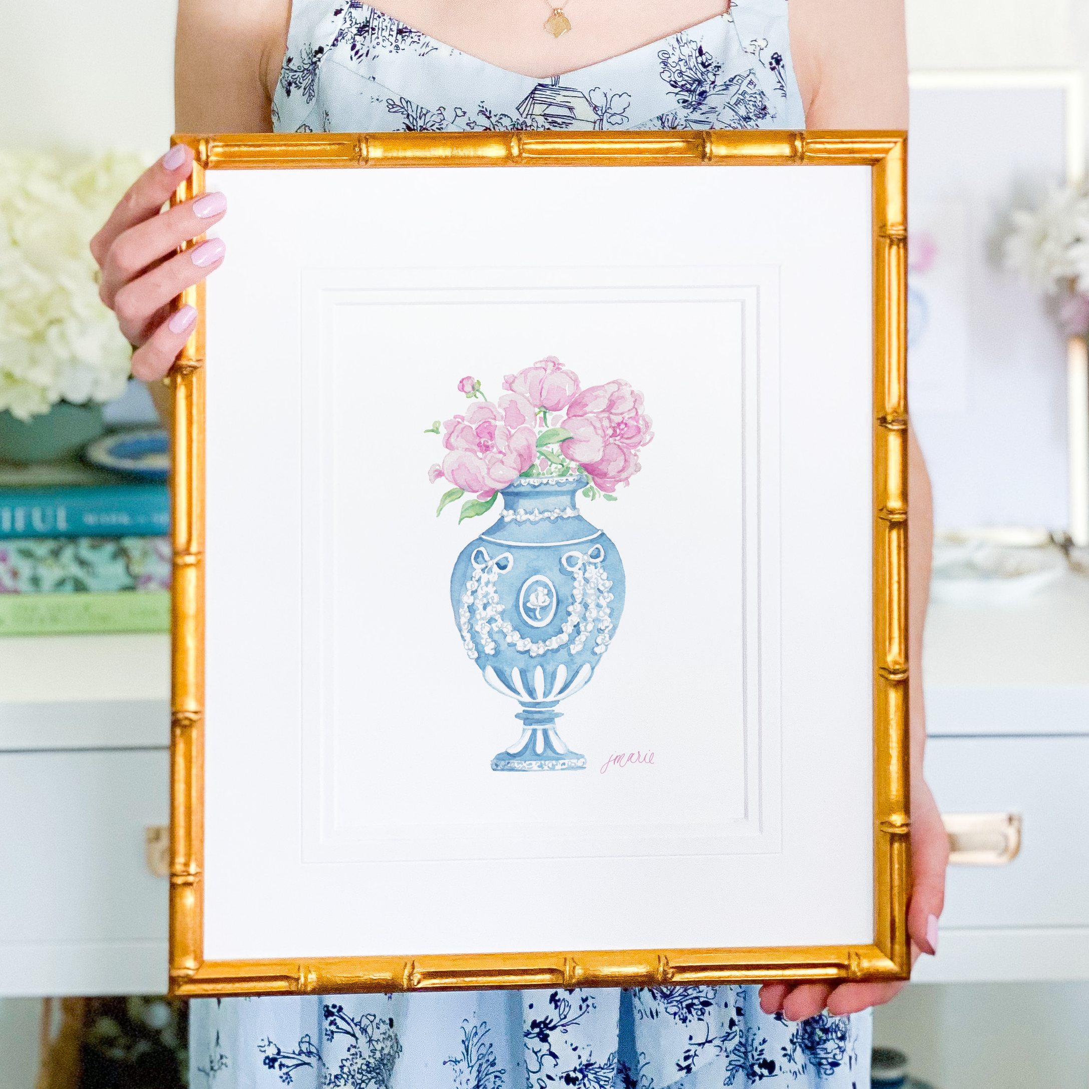 Simply Jessica Marie - Wholesale Art Print - Wedgwood Vase with Peonies Watercolor Art Print1