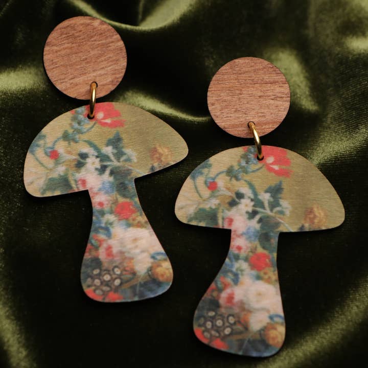 Fine Art Mushroom Earrings for wholesale by Mushroom Menagerie