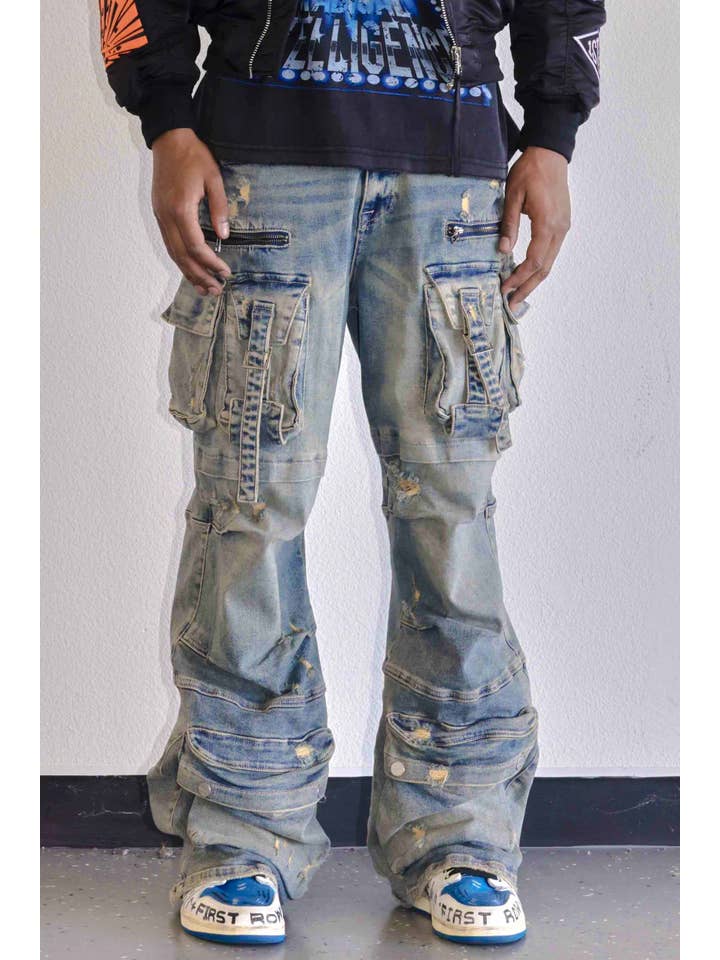 First Row – wholesale Jeans - Herr – Y2K vida cargobyxor i denim med utility-fickor10