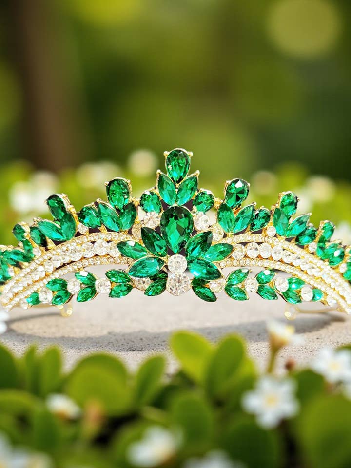 Girl's tiara, Green Crystal Tiara, Princess Gold tiara for wholesale by Happy Dream Gifts