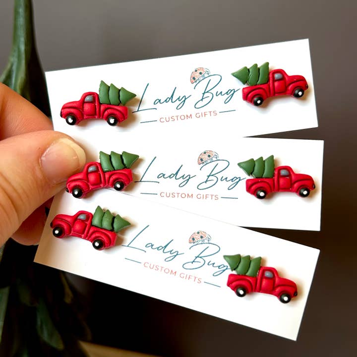 Red Truck Stud Earrings – Christmas Tree Clay Holiday Studs for wholesale by Lady Bug Custom Gifts