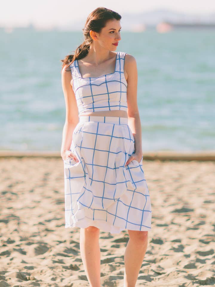 Cry To Me Skirt - blue windowpane check for wholesale by Happy Yellow Dress