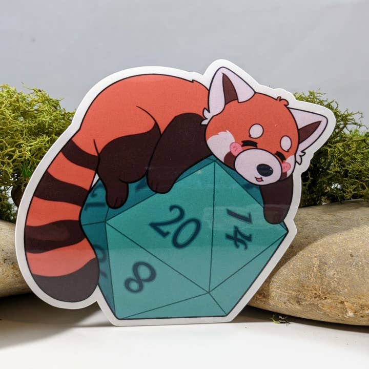 Sleepy Red Panda On Polyhedral D20 Dice Sticker - 2.5" for wholesale by Mimic Gaming Co