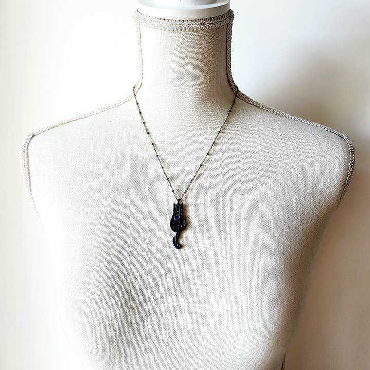 MergingMetals - Vendita all'ingrosso Collana con ciondolo/pendaglio - Collana Moonstone Black Cat Moon Phase//Elettroformata