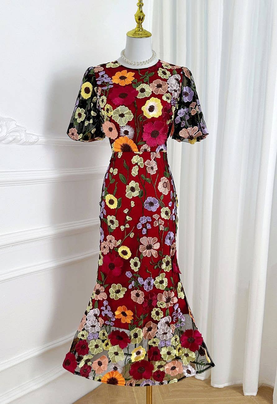 Sanyao Fashion - Wholesale Dress - Women's - SY474 3D Floral Embroidered Puff Sleeve Fishtail Skirt12