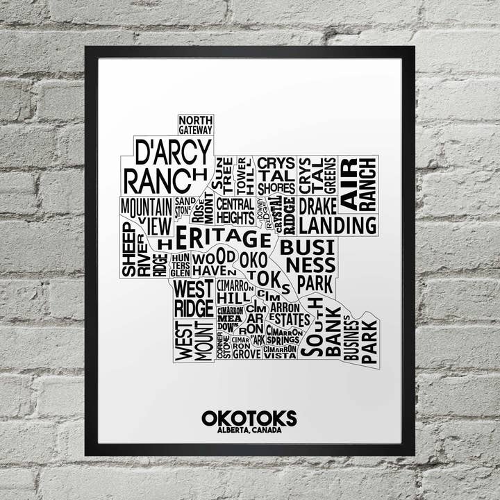 Okotoks Alberta Neighborhood Typografie Stadskaart Afdrukken voor wholesale door Damon D Chan