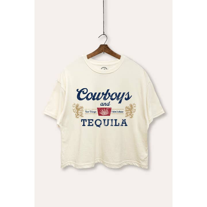 "COWBOYS & TEQUILA" GRAFISK BOXY CROP TOP for engroshandel hos VINTAGE POINT USA