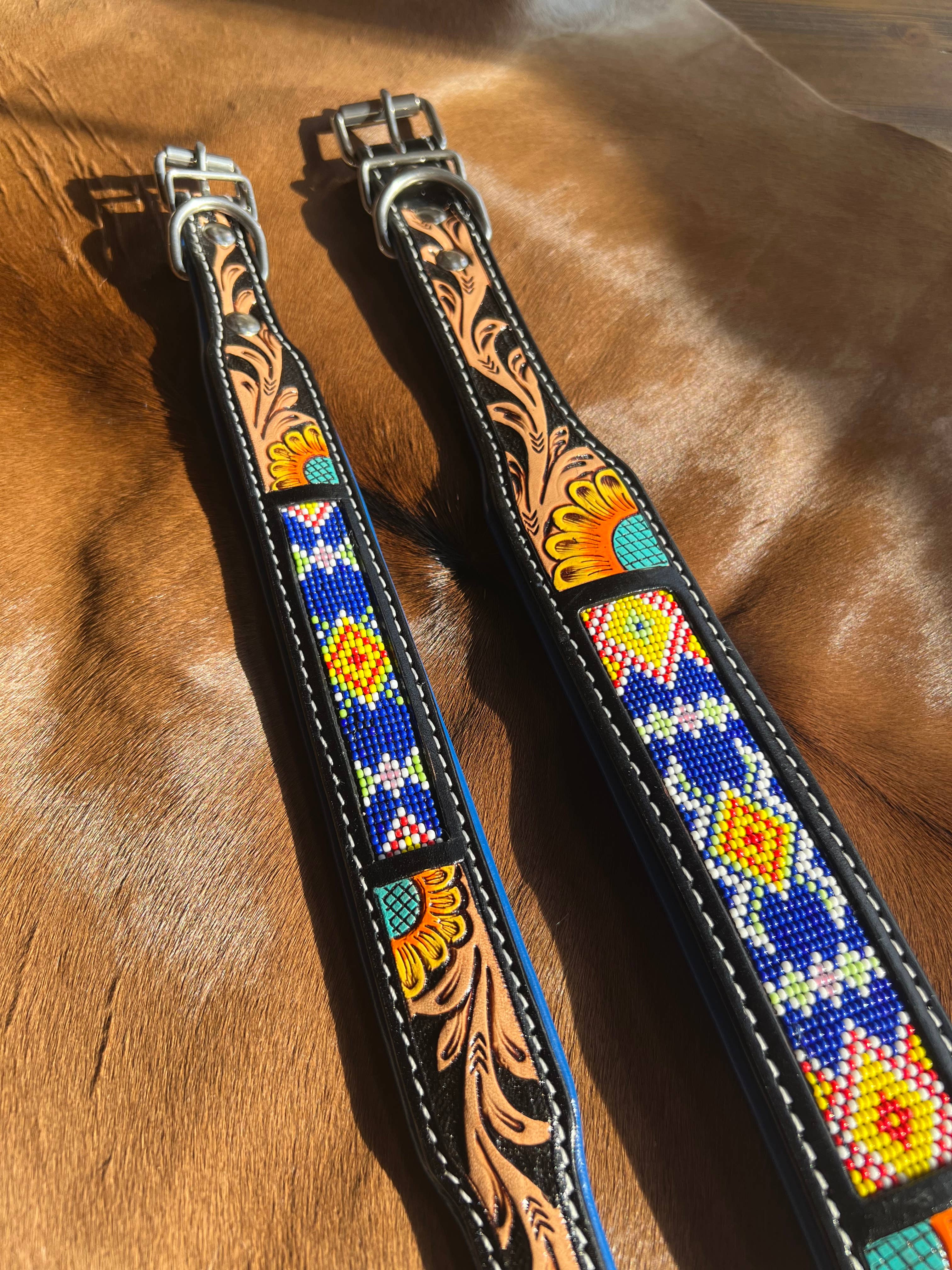 Westrian International - Wholesale Pet Collar - Dog - Tooled Leather Beaded Sunflower Painted Western Dog Collar2