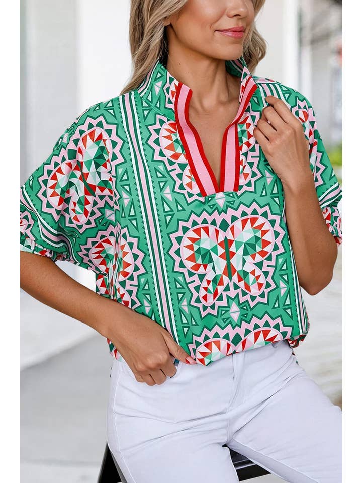 As shown Geometric Butterfly Print Collared Blouse | S-XL for wholesale on Faire