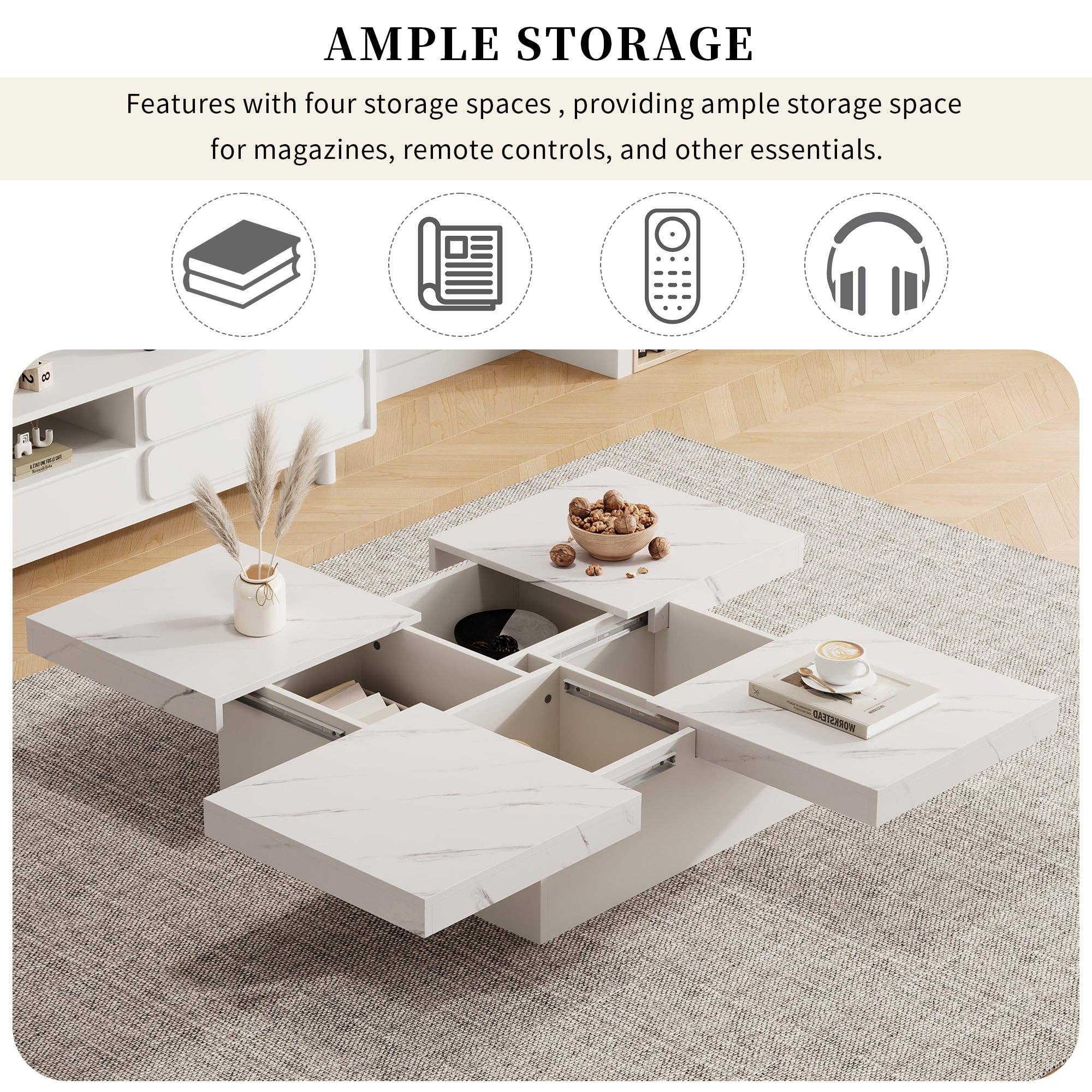 Urban Meuble - Wholesale Side Table - Modern white square coffee table with marble effect, 4 drawers, sliding top 90x90x25cm KHEKRIED47