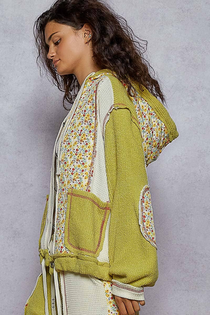 Pol Clothing - Wholesale Jacket - Women's - Balloon Sleeve Quilted Detail Floral Knit Hoodie Jacket SALE9