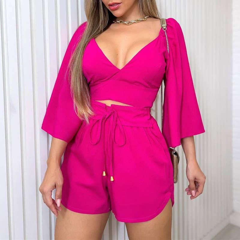 HIDDENBRAND - Wholesale Top & Short Set (NOT Loungewear) - Women's - Ruffled sleeves tie back neck tpo 2 piece short set outfits1