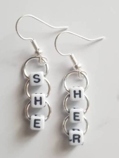 Beaded She/Her Word Earrings for wholesale by Sapphire Creations