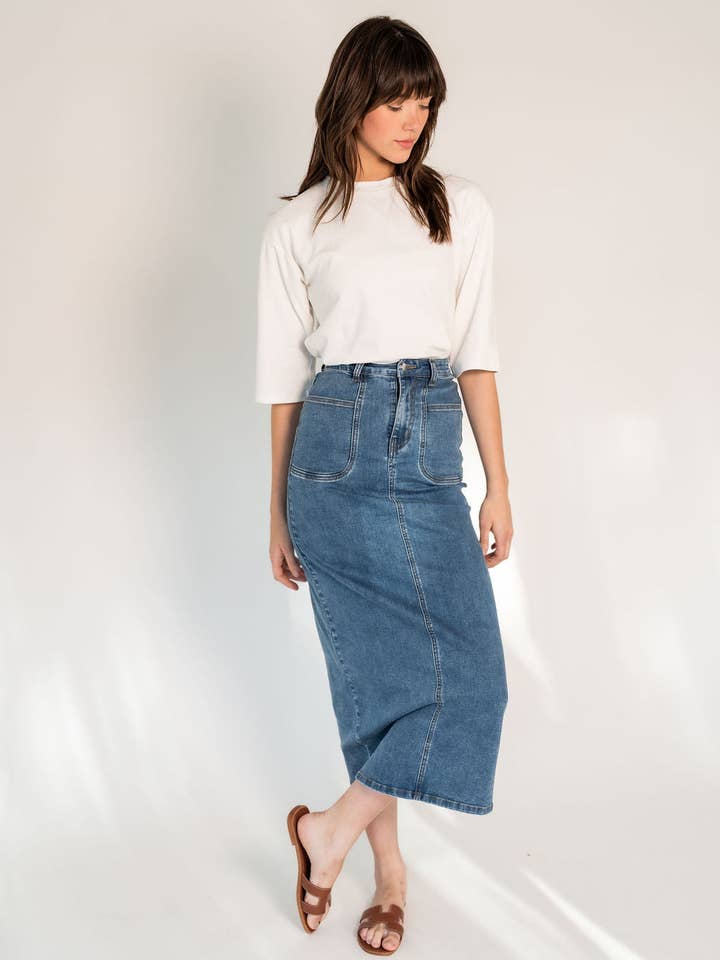 Midi-rok van stretchdenim met voorzak voor wholesale door Recollection Brand