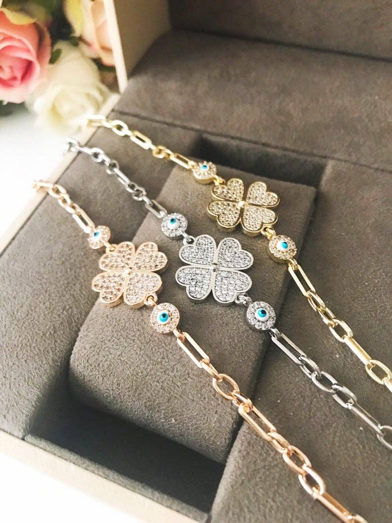 Evileyefavor - Vente Bracelets à breloques/pendentifs - Bracelet en trèfle mauvais œil, bijoux mauvais œil, bracelet trèfle à quatre feuilles en argent or rose6