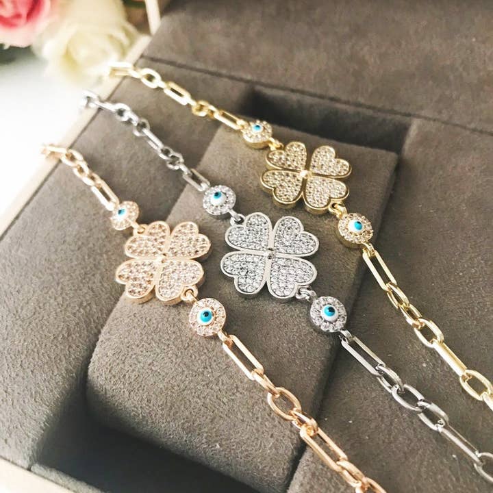 Evileyefavor - Vente Bracelets à breloques/pendentifs - Bracelet en trèfle mauvais œil, bijoux mauvais œil, bracelet trèfle à quatre feuilles en argent or rose6