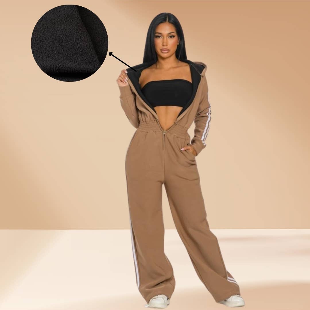 Celystrends - Wholesale Jumpsuit - Women's - Jumpsuit Hooded Lined Fleece Side Stripes 15