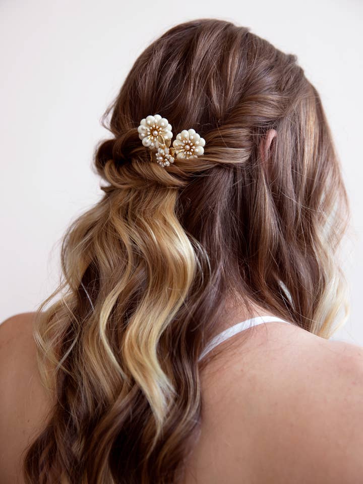 Daisy - Set of Three White and Gold Flower Hairpins for wholesale by Acute Designs