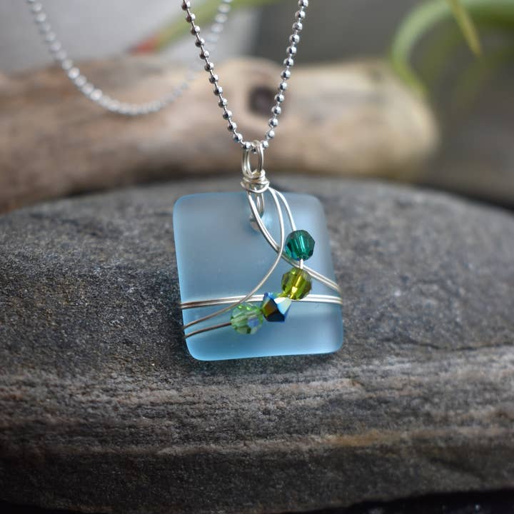 Eco glass wire wrapped square pendant silver necklace for wholesale by Whitelotus Design