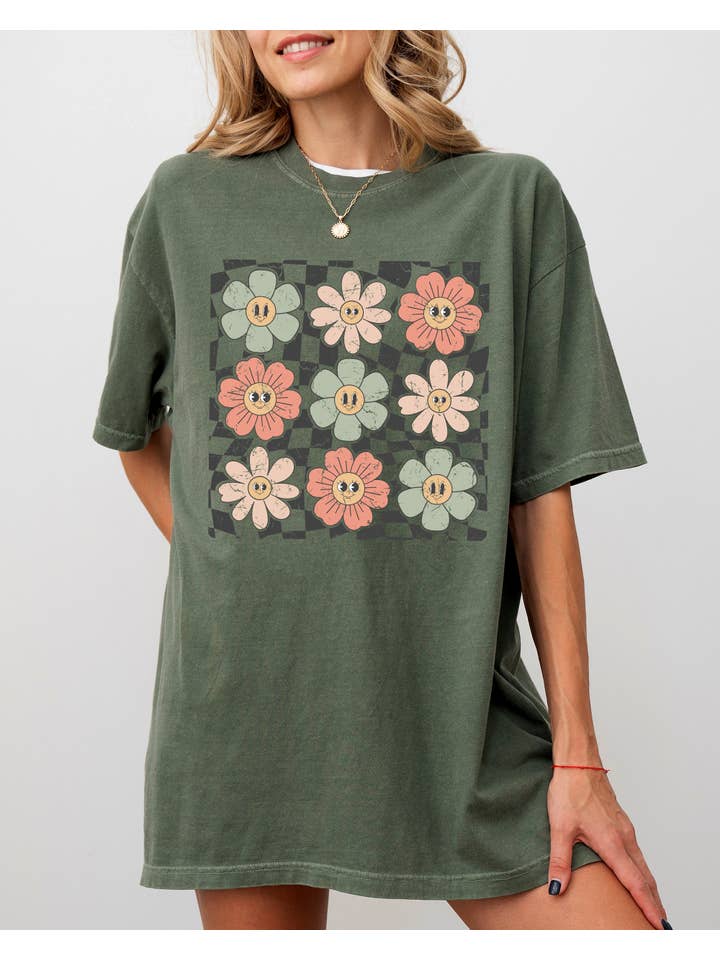Refinery Number One LLC – wholesale T-shirt (graphic) – women's – Retro Flowers, Checkered, Daisies, Hippie, Positivity Shirt