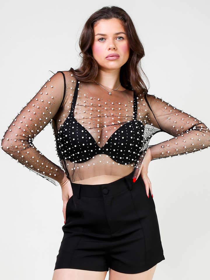 top corto con rejilla de malla transparente de perlas sintéticas para venta al por mayor de Flarix