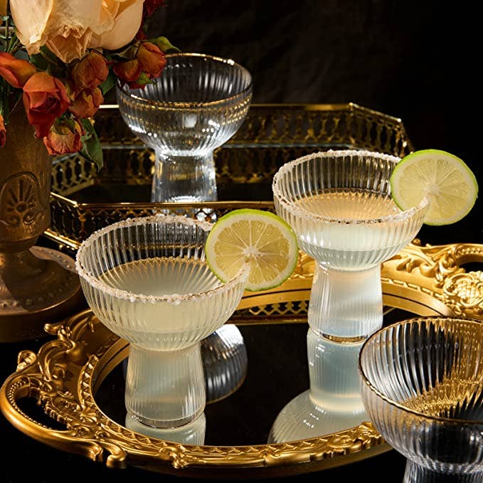 The Wine Savant / Khen Glassware - Wholesale Cocktail/Liquor Glass - Ribbed Stemless Margarita & Cocktail Gilded Glasses - 4 set