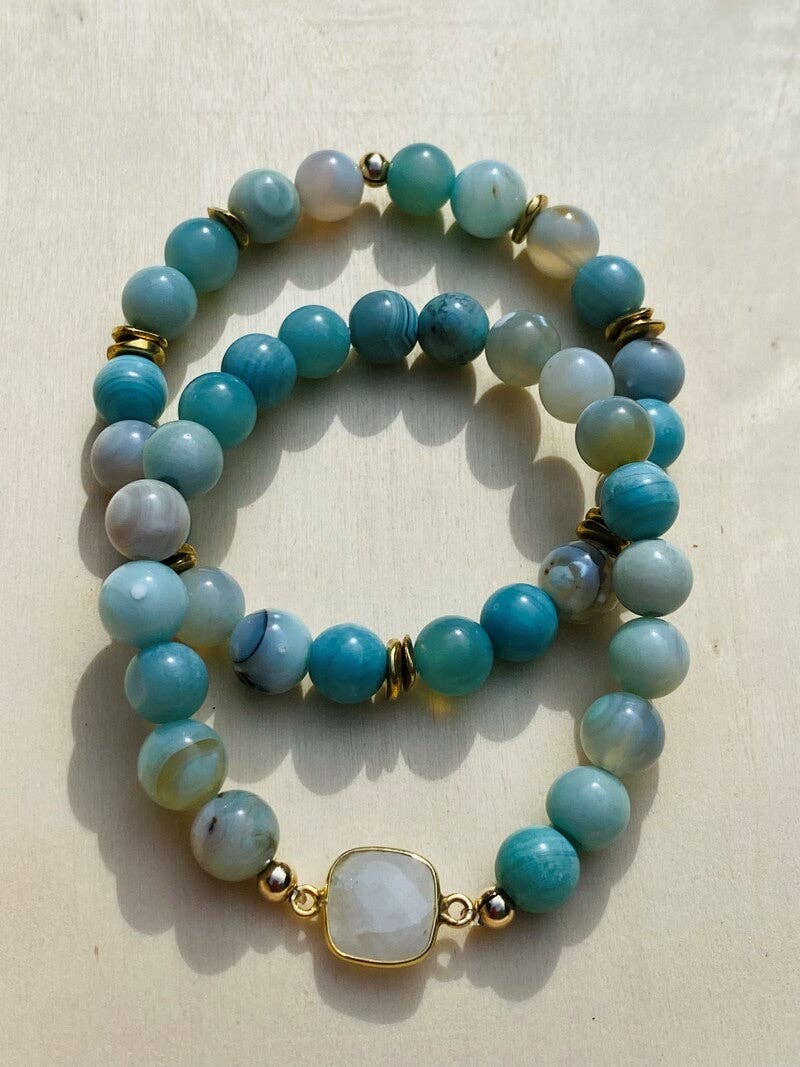 Lexi Jewelry - Wholesale Beaded Bracelet - Green Fire Agate and Moonstone elastic Bracelet Duo0