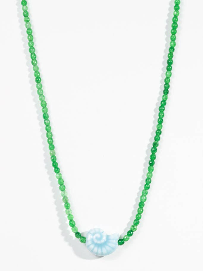 Green Beaded Blue Porcelain Shell Necklace for wholesale by Little Luxe Charm Co.