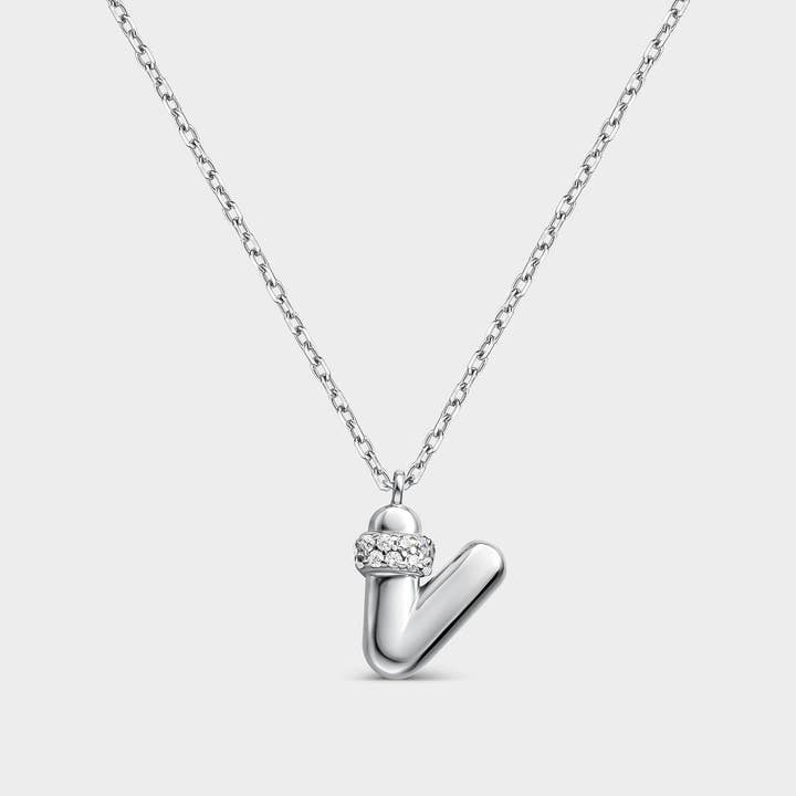 Itemporality - Wholesale Pendant/Charm Necklace - “V” initial necklace with volume, silver and zircon line