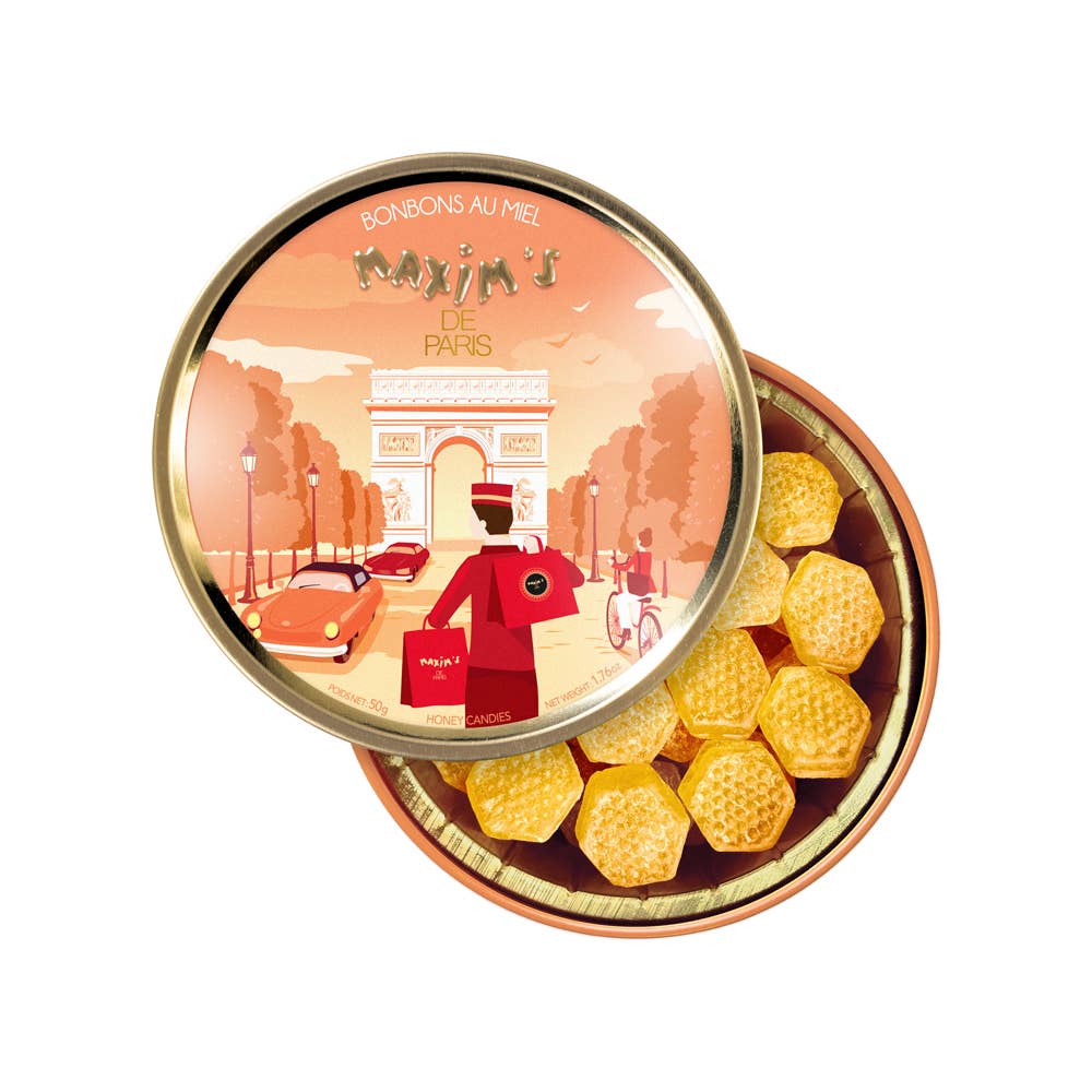 Maxim's – wholesale Hårt godis – Rund metallask för visning | honungsgodis2