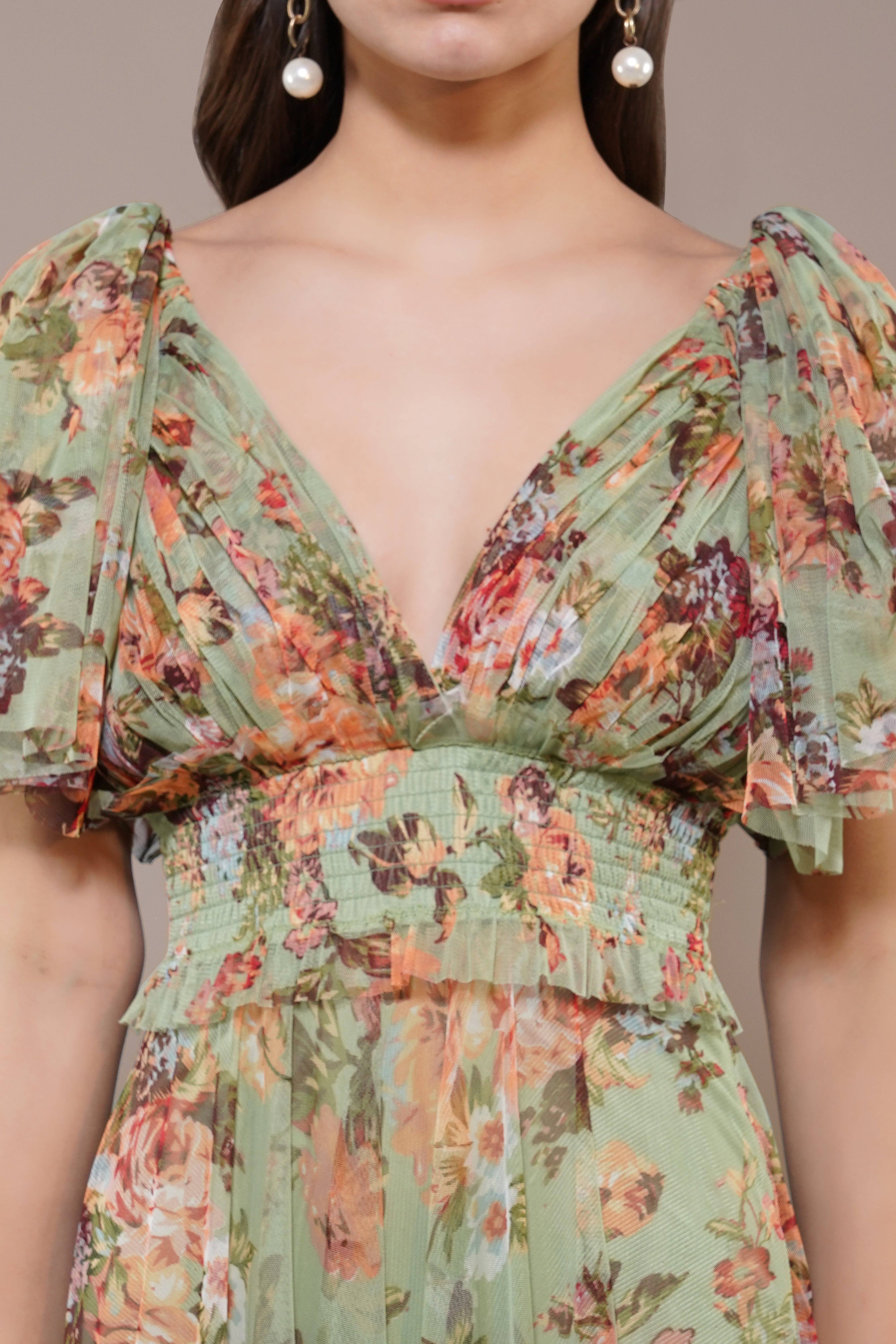 Ljus Grön Blommig Shelby Maxiklänning i ljusgrönt blommönster för wholesale på Faire4