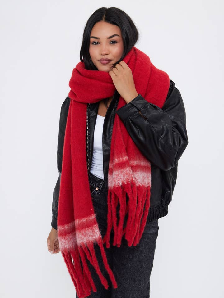 Oversized Chunky Blanket Scarf with Stripe Detail in Red and White for wholesale by My Accessories London