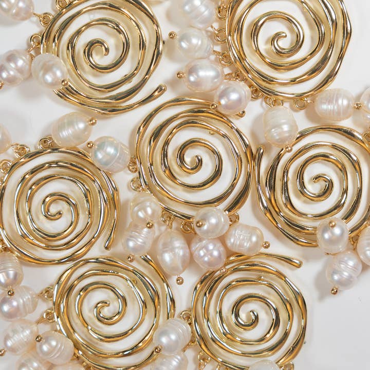 St Armands Designs of Sarasota - Wholesale Dangle Earrings - Golden Swirl Genuine Pearl Drop Statement Earrings 3