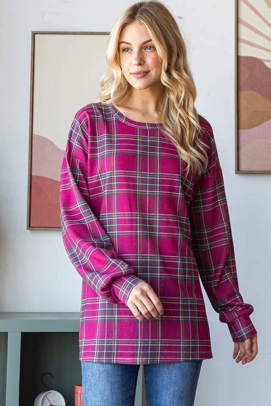 MAGENTA ET7470-17 TOP CON STAMPA SCOZZESE CON MANICHE LUNGHE A SBUFFO in vendita all'ingrosso su Faire1