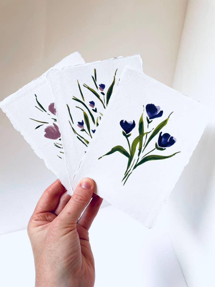 Handgjorda bomullskort, 3 lila tulpantryck, miljövändigt för wholesale av Atelier By Cat